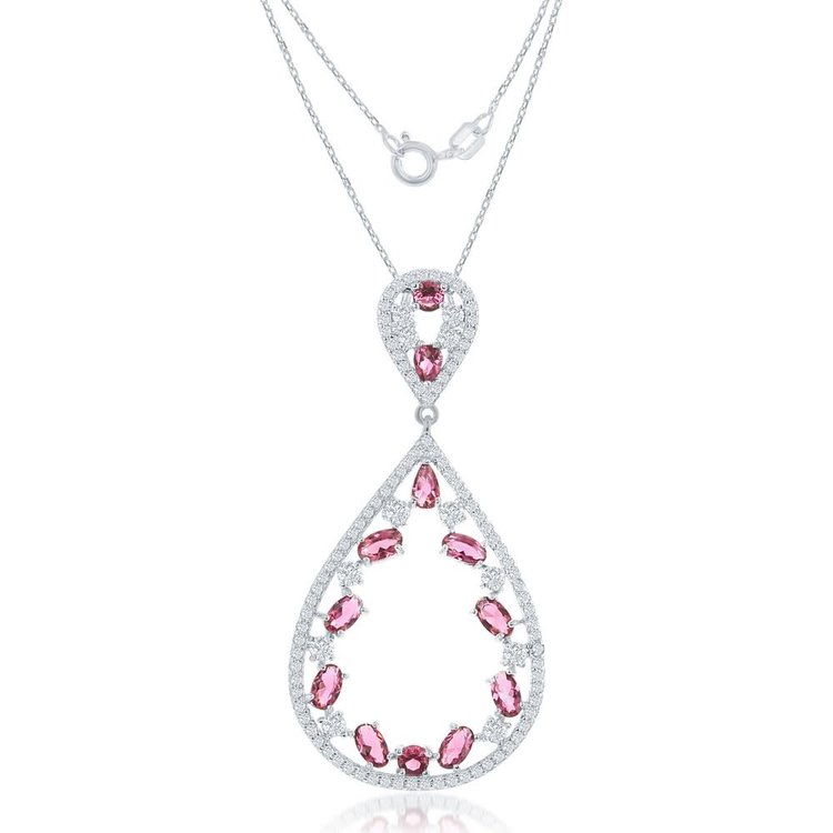 80877 CLASSIC STERLING SILVER OPEN TEARDROP WITH PINK SAPHIRE & WHITE CUBIC ZIRCONIA PENDANT WITH CABLE CHAIN