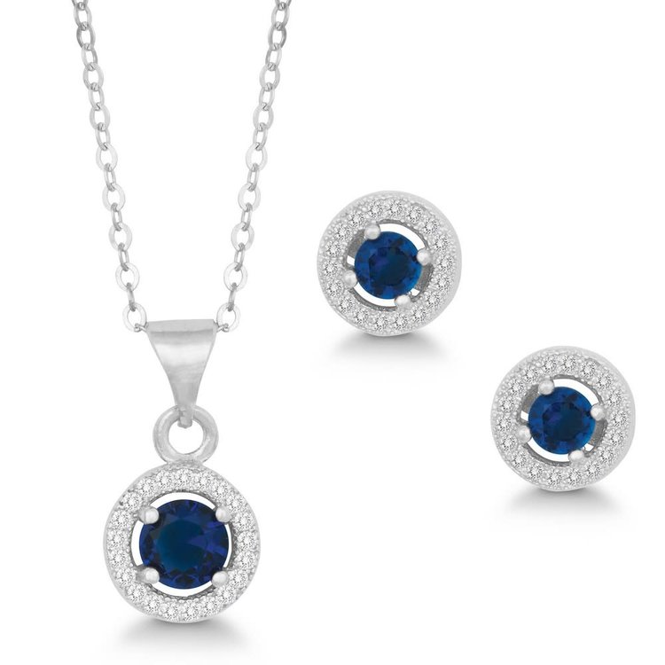 80931 CLASSIC STERLING SILVER BLUE CUBIC ZIRCONIA HALO PENDENT & EARRINGS