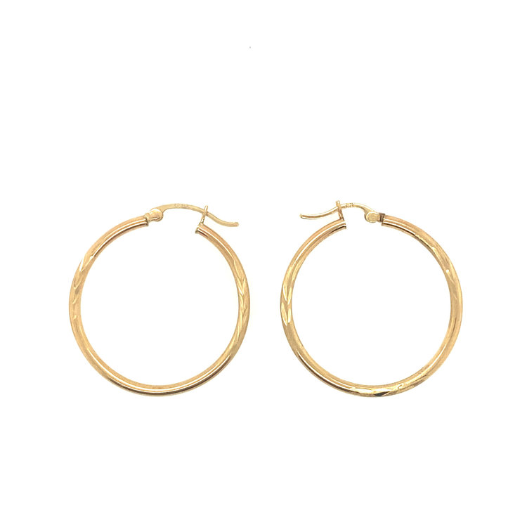 32058 14K YELLOW GOLD 1.25" FEATHERED SATIN MEDIUM HOOPS