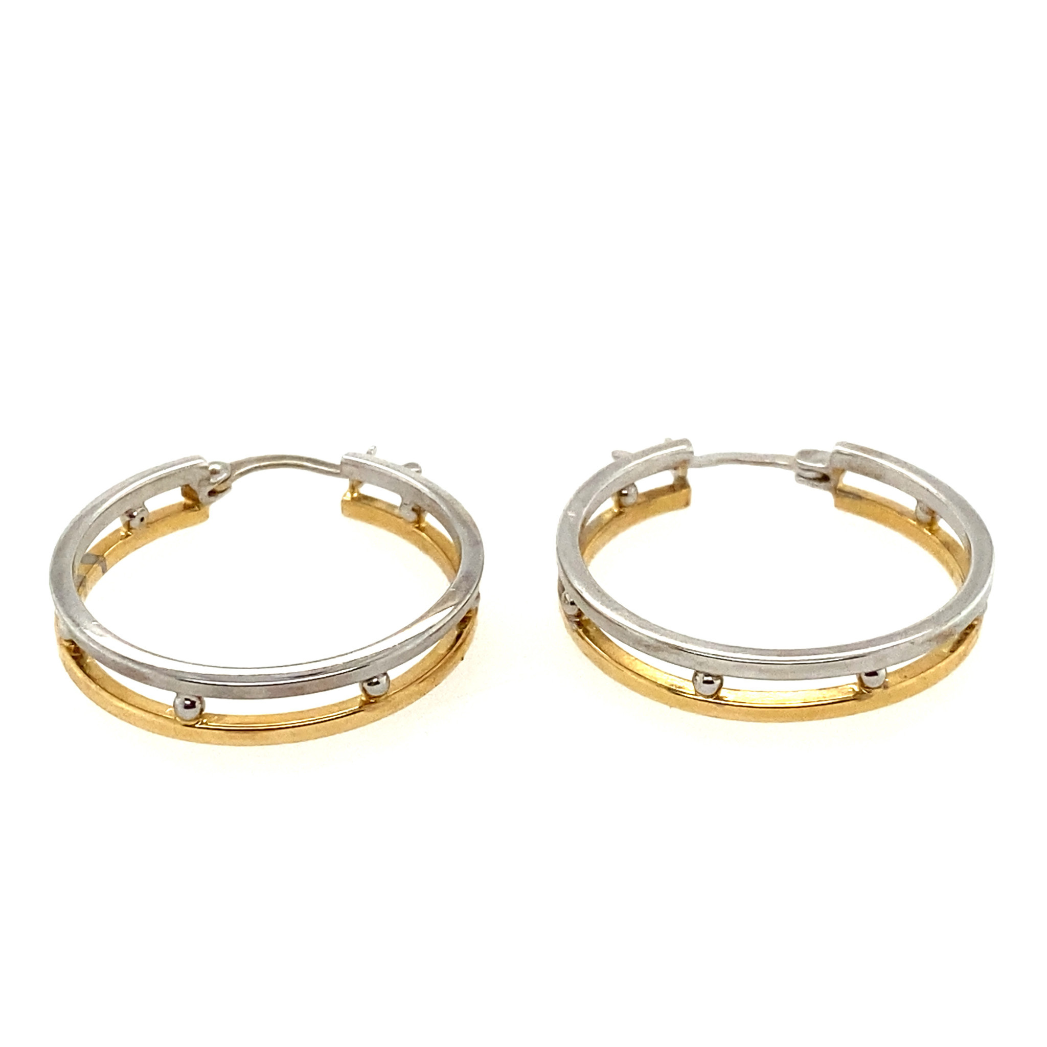 30113 14K. TWO-TONE 1" ROUND SEPERATED ROWS WITH BEAD DESIGN HOOPS