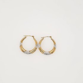 32507 14K. TWO-TONE 1" HIGH POLISHED AND DIAMOND CUT SCALLOPED HOOPS