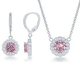 80946 CLASSIC STERLING SILVER PINK CUBIC ZIRCONIA HALO PENDENT & EARRINGS