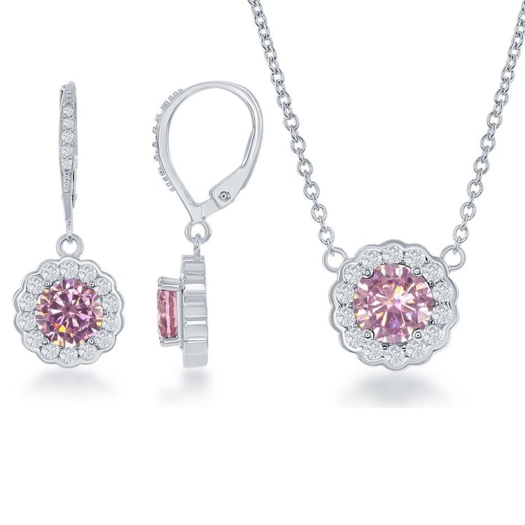 80946 CLASSIC STERLING SILVER PINK CUBIC ZIRCONIA HALO PENDENT & EARRINGS