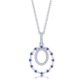 80990 CLASSIC STERLING SILVER DOUBLE OPEN CUBIC ZIRCONIA & SAPPHIRE CIRCLE ON 18" CABLE  NECKLACE