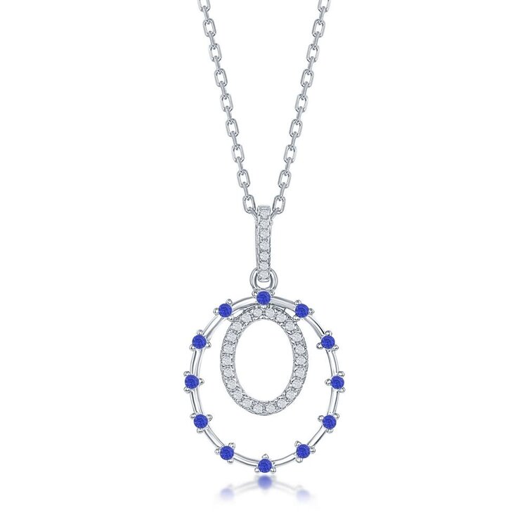 80990 CLASSIC STERLING SILVER DOUBLE OPEN CUBIC ZIRCONIA & SAPPHIRE CIRCLE ON 18" CABLE  NECKLACE
