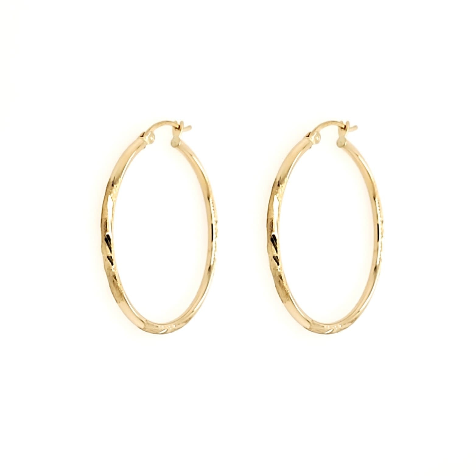 33012 14K YELLOW GOLD 1.5" THIN DIAMOND CUT WITH SATIN FINISH 2MM TUBE HOOPS