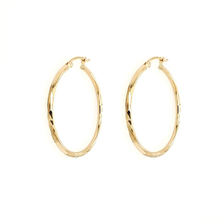 33012 14K  YELLOW GOLD 1.5"  THIN DIAMOND CUT WITH SATIN FINISH 2MM TUBE HOOPS