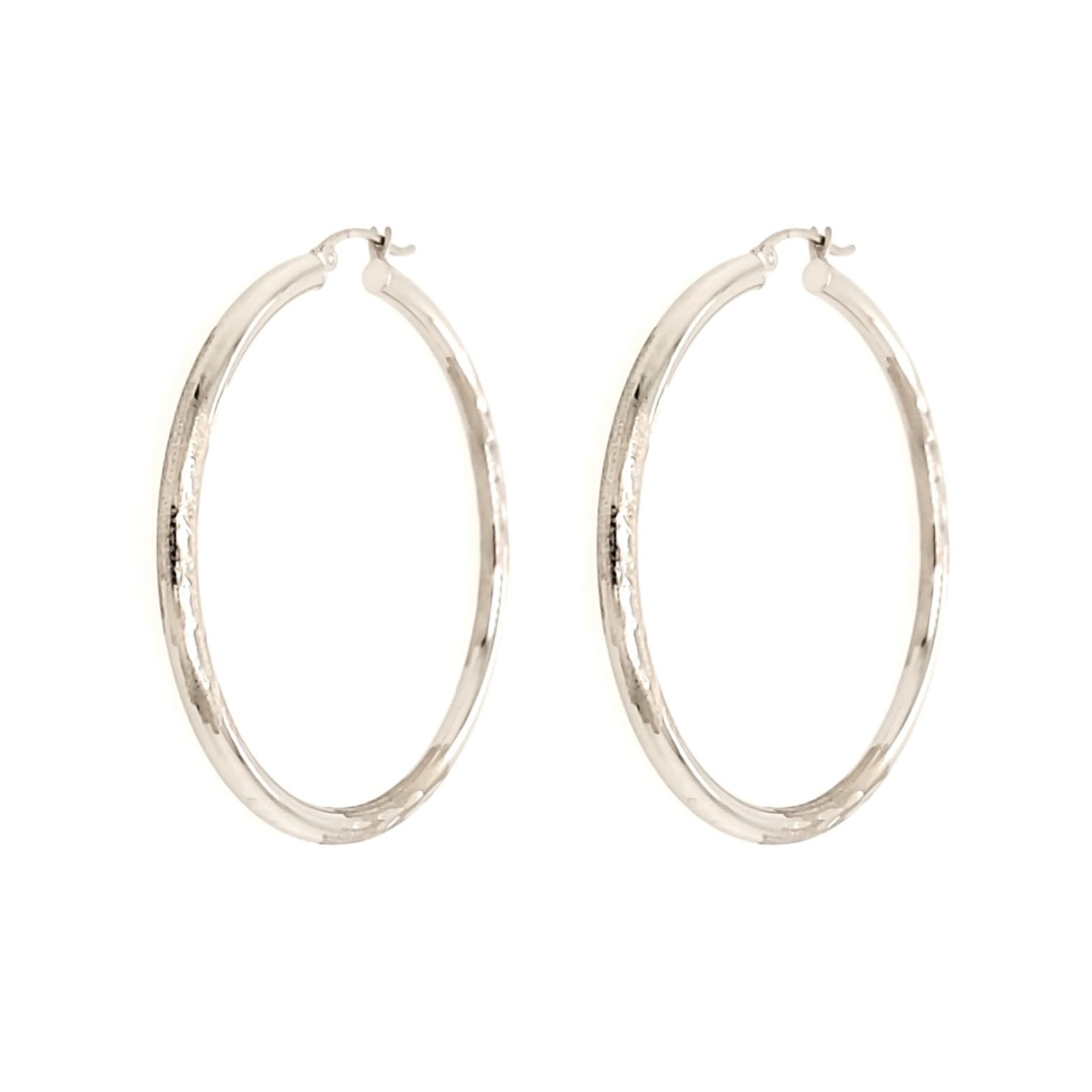 30304 14K WHITE GOLD 2" HIGH POLISH AND SATIN / DIAMOND CUT FINISH 3MM TUBE HOOPS