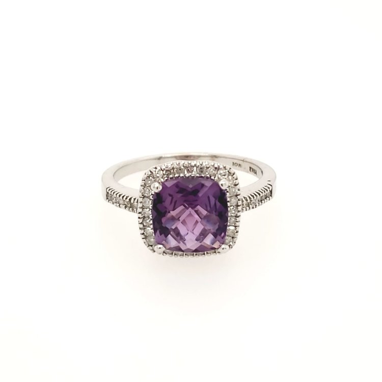 40050 10K WHITE GOLD .15CTW DIAMOND HALO MULTI FACET AMETHYST CUSHION CUT RING
