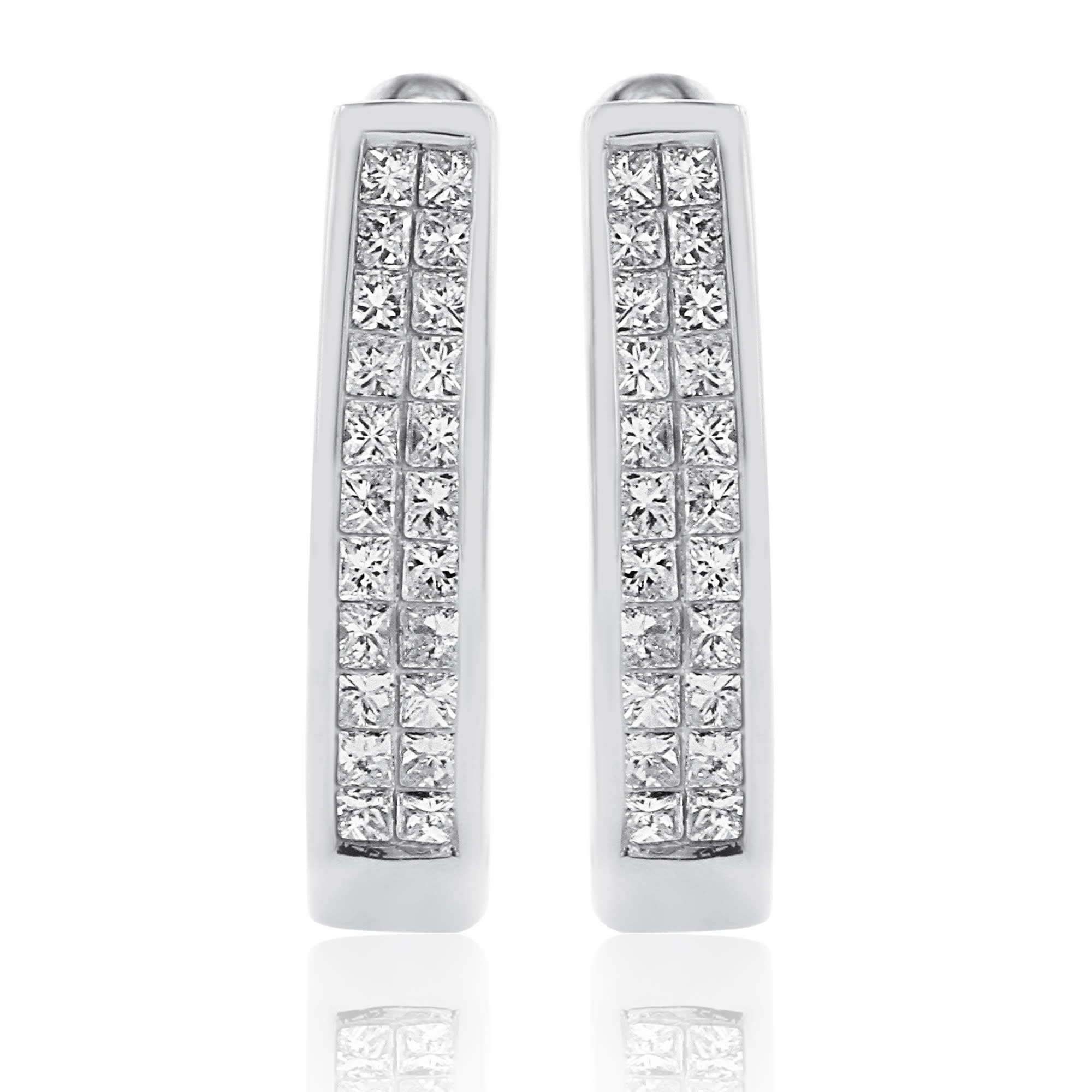 31981 14K WHITE GOLD 2CT PRINCESS CUT DIAMOND INVISABLE SET HOOPS WITH OMEGA BACK