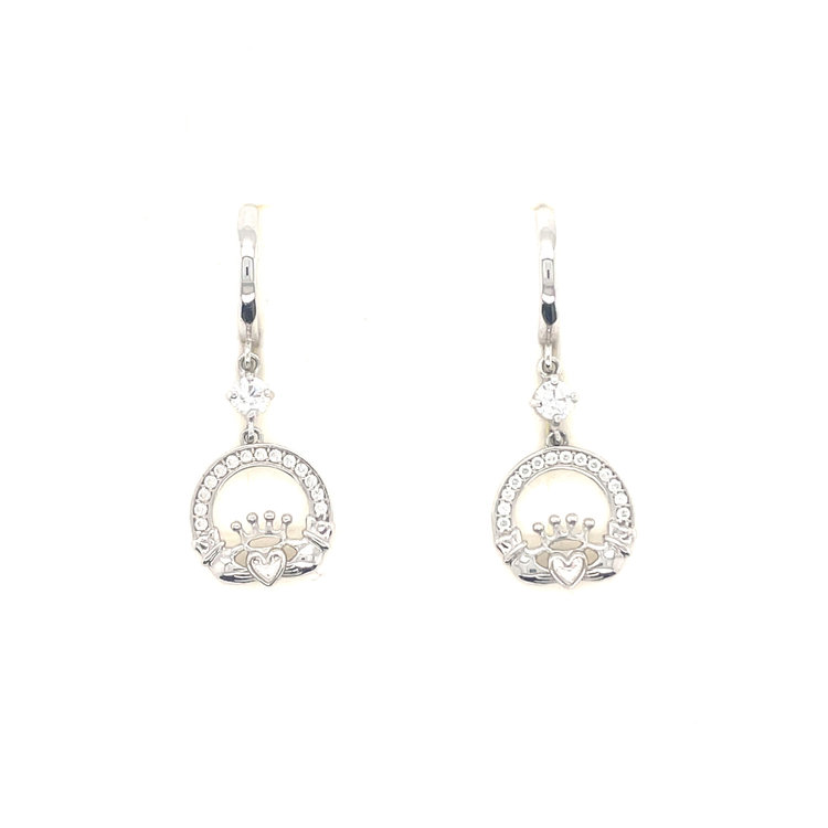 31943 14K WHITE GOLD HANGING CLADDAGH WITH CUBIC ZIRCONIA HUGGIES