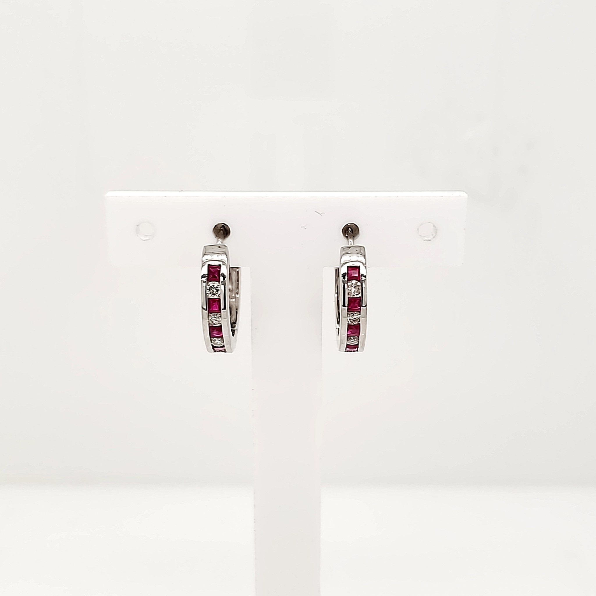 30141 14K WHITE GOLD .16TCW DIAMOND AND RUBY HOOPS
