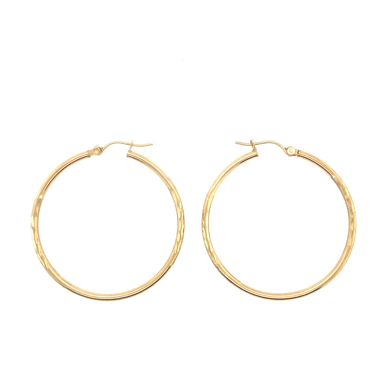31009 14K YELLOW GOLD 1.5" 1.85MM DIAMOND CUT SATIN FINISH HOOPS