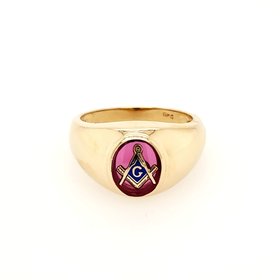 45062 14K YELLOW GOLD  SYNTHETIC RUBY  MASONIC RING