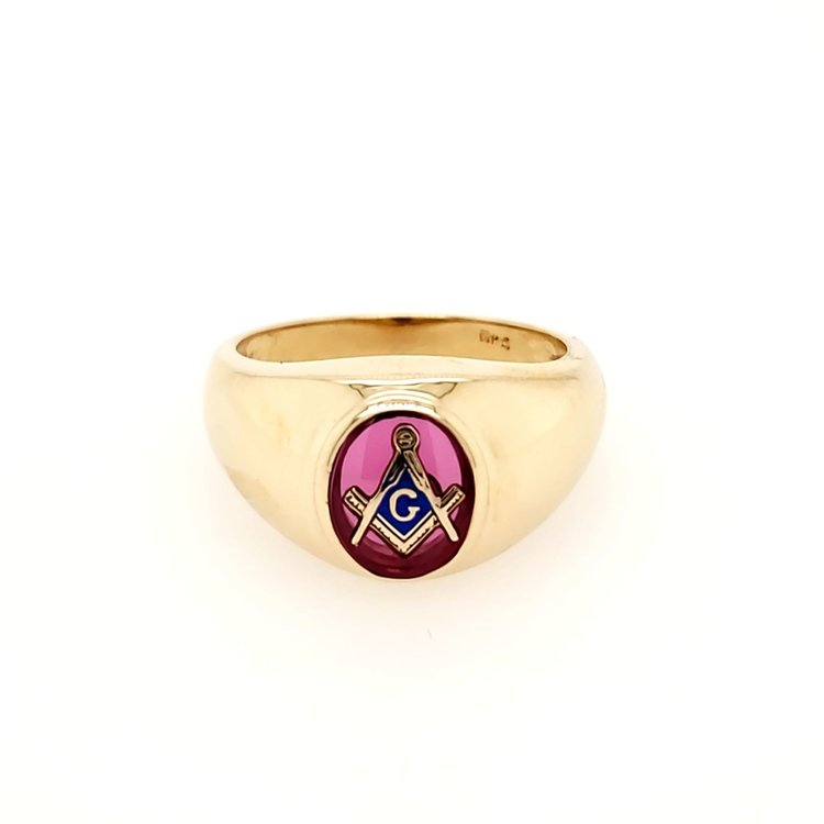 45062 14K YELLOW GOLD  SYNTHETIC RUBY  MASONIC RING