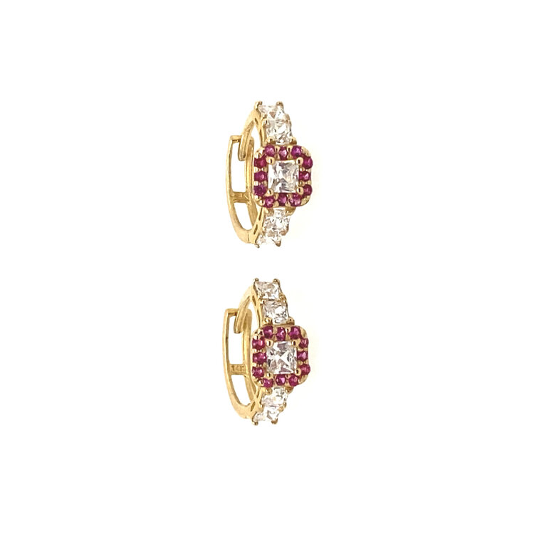 32241 14K YELLOW GOLD CUBIC ZIRCONIA RUBY HALO HUGGIES