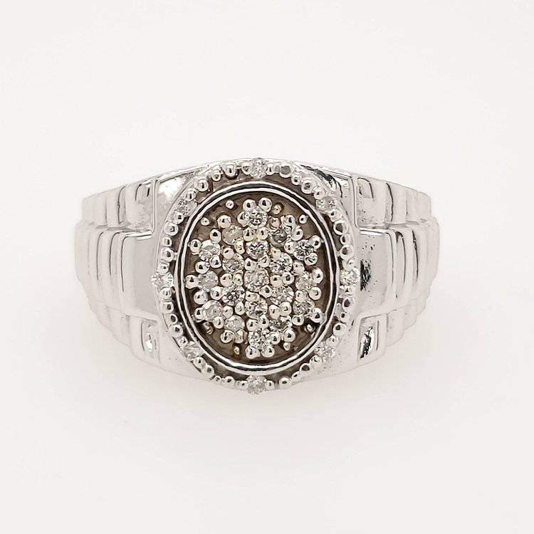 45010 14K  WHITE GOLD  .35CT DIAMOND  OVAL ROLEX STYLE MENS RING