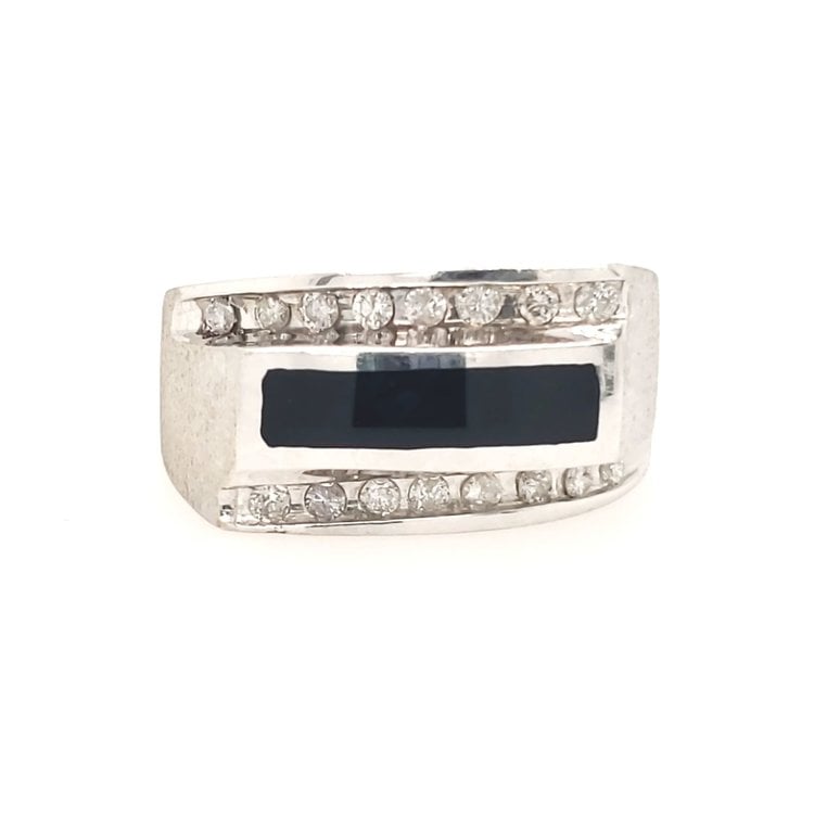 45013 14K WHITE GOLD  DIAMOND  CHANEL  SET ONYX MENS RING