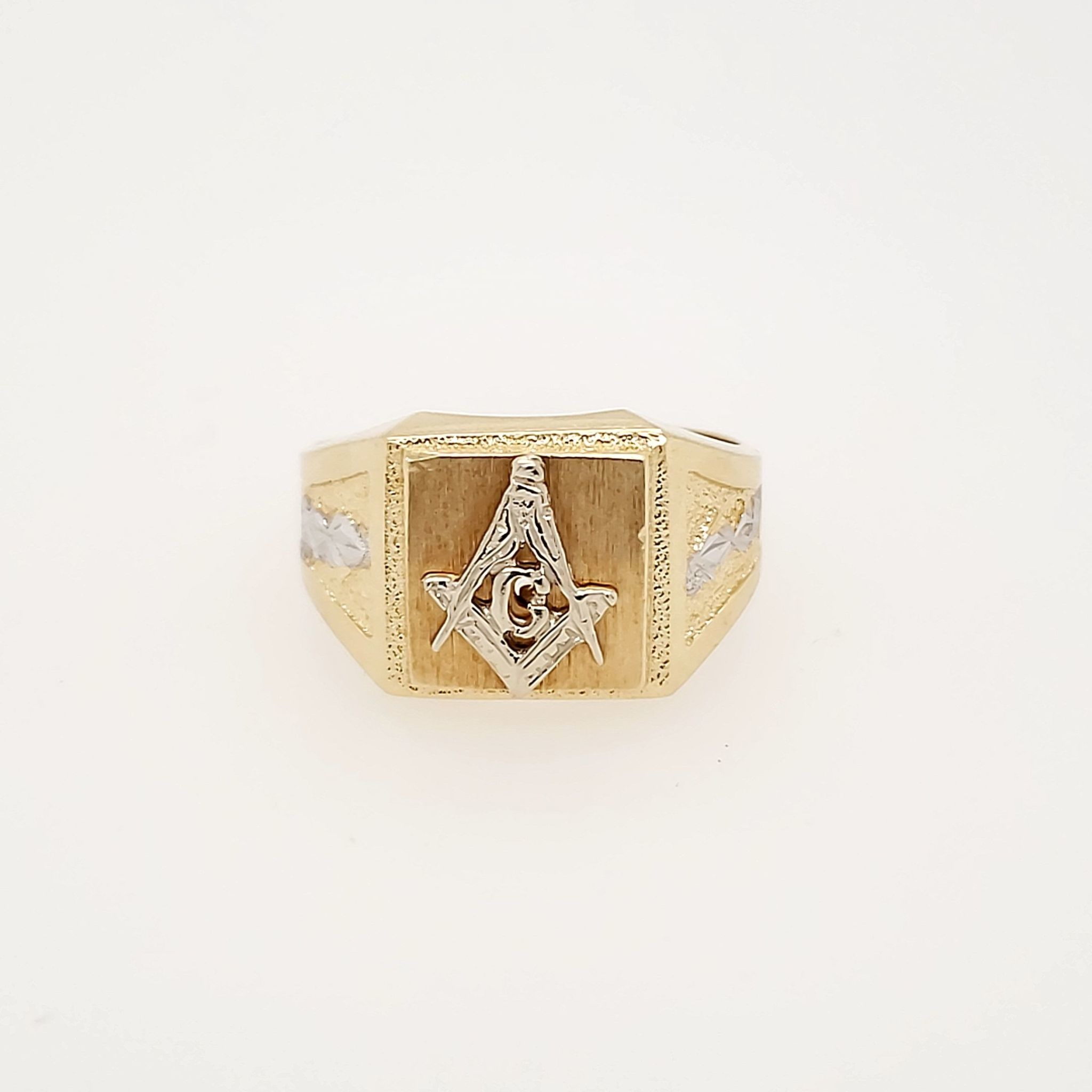 45056 14K 2 TONE DIAMOND CUT SATIN AND HIGH POLISH FINISH THICK MASONIC RING