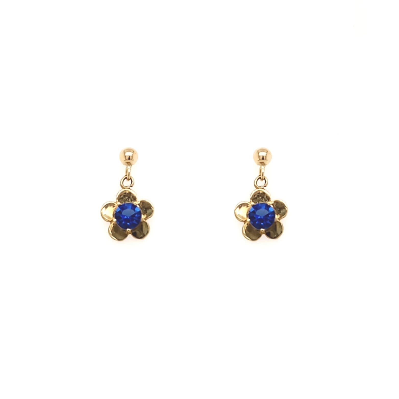 30463 14K YELLOW GOLD BLUE SAPPHIRE DANGLING FLOWER EARRINGS