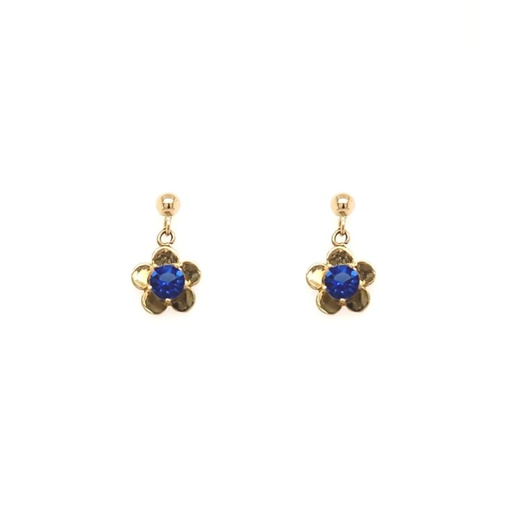 30463 14K YELLOW GOLD BLUE SAPPHIRE DANGLING FLOWER  EARRINGS