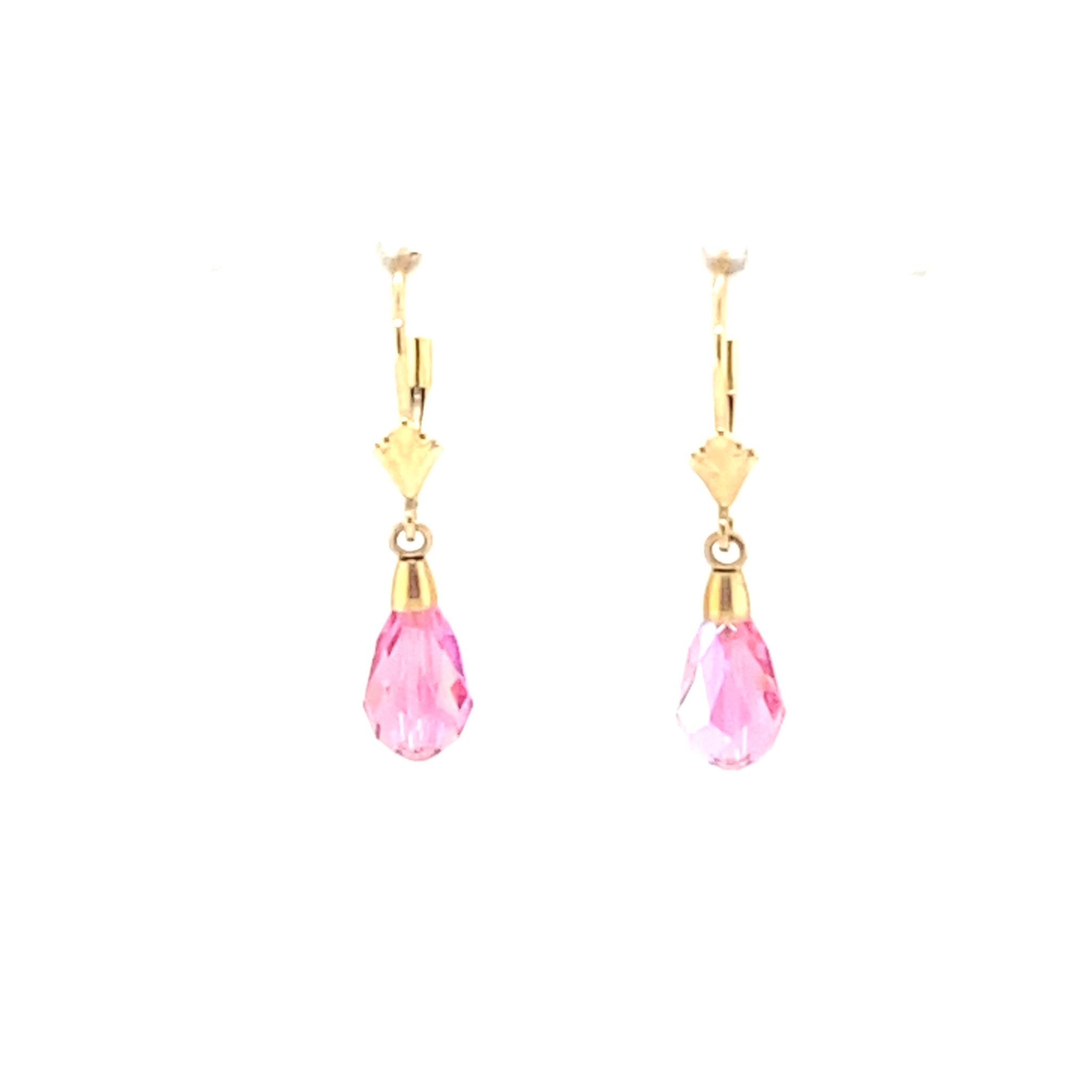 30306 14K YELLOW GOLD PINK CRYSTAL DROP EARRINGS