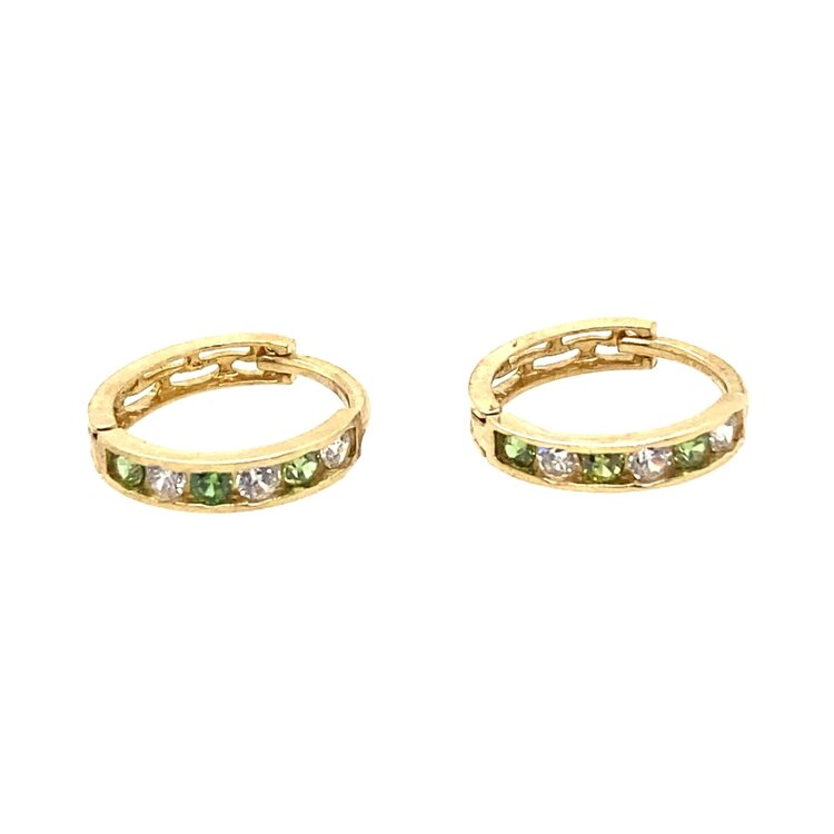 30601 14K YELLOW GOLD CHANNEL SET PERIDOT AND CUBIC ZIRCONIA HUGGIES