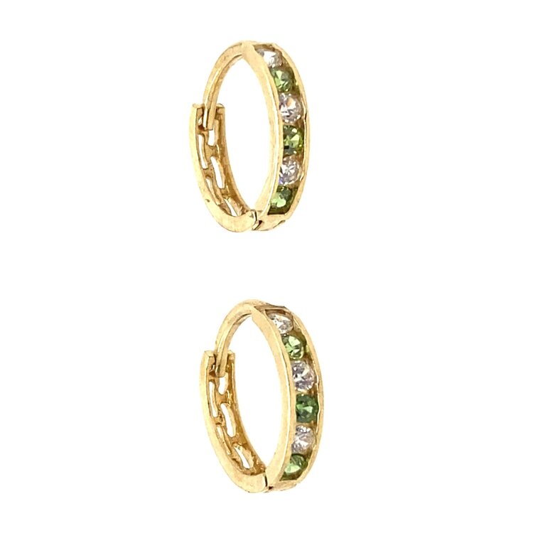 30601 14K YELLOW GOLD CHANNEL SET PERIDOT AND CUBIC ZIRCONIA HUGGIES