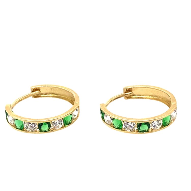 31060 14K YELLOW GOLD CHANNEL SET WHITE AND GREEN CUBIC ZIRCONIA HUGGIES