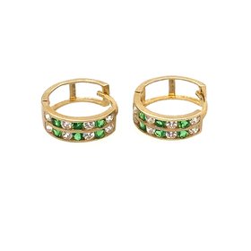 30512 14K YELLOW GOLD DOUBLE ROW CHANNEL SET GREEN AND WHITE CUBIC ZIRCONIA HUGGIES