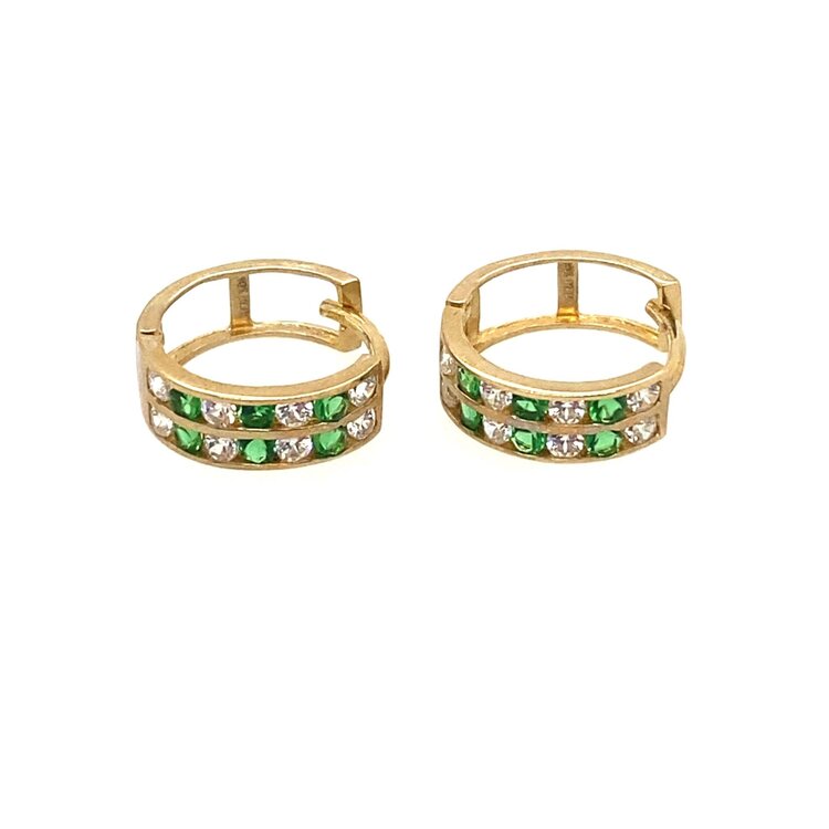 30512 14K YELLOW GOLD DOUBLE ROW CHANNEL SET GREEN AND WHITE CUBIC ZIRCONIA HUGGIES