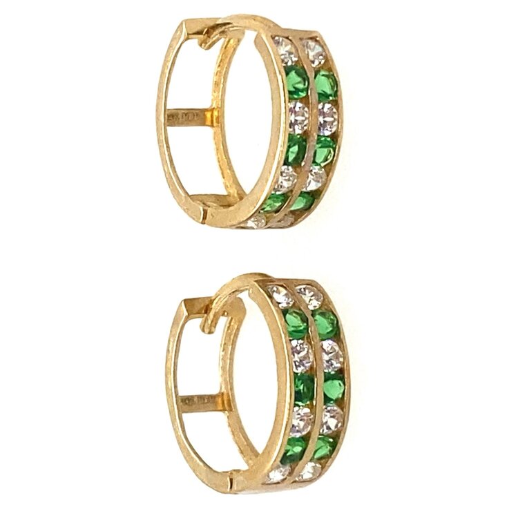 30512 14K YELLOW GOLD DOUBLE ROW CHANNEL SET GREEN AND WHITE CUBIC ZIRCONIA HUGGIES