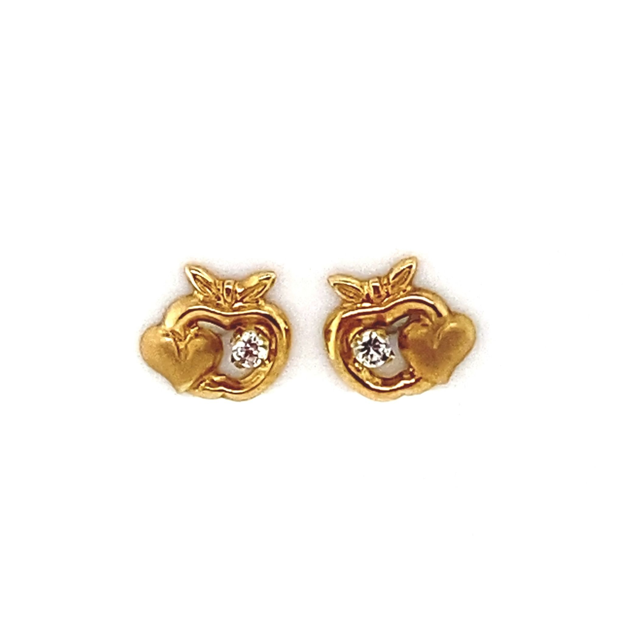 30385 14K YELLOW GOLD OPEN APPLE AND HEART CUBIC ZIRCONIA STUDS