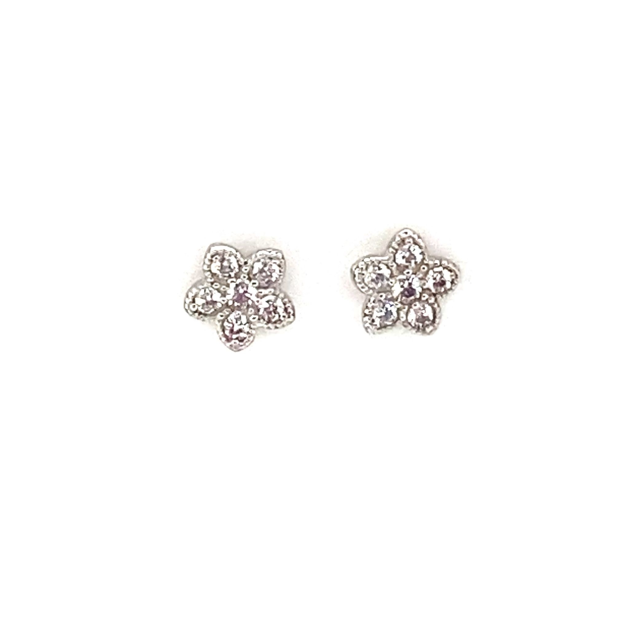 38129 14K WHITE GOLD CUBIC ZIRCONIA MILGRAIN BORDER FLOWER STUDS