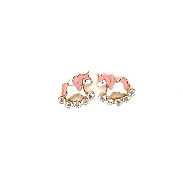 30333 14K YELLOW GOLD ENAMEL PINK UNICORN WITH CUBIC ZIRCONIA SCREWBACK