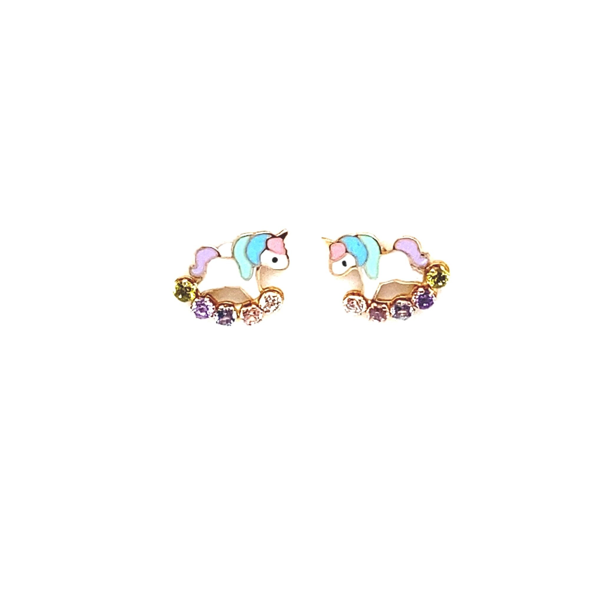 30050 14K YELLOW GOLD ENAMEL UNIORN RAINBOW CUBIC ZIRCONIA SCREWBACKS