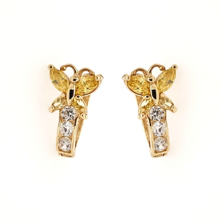 31274 14K YELLOW GOLD YELLOW CUBIC ZIRCONIA BUTTERFLY EUROPEAN LOCK EARRINGS