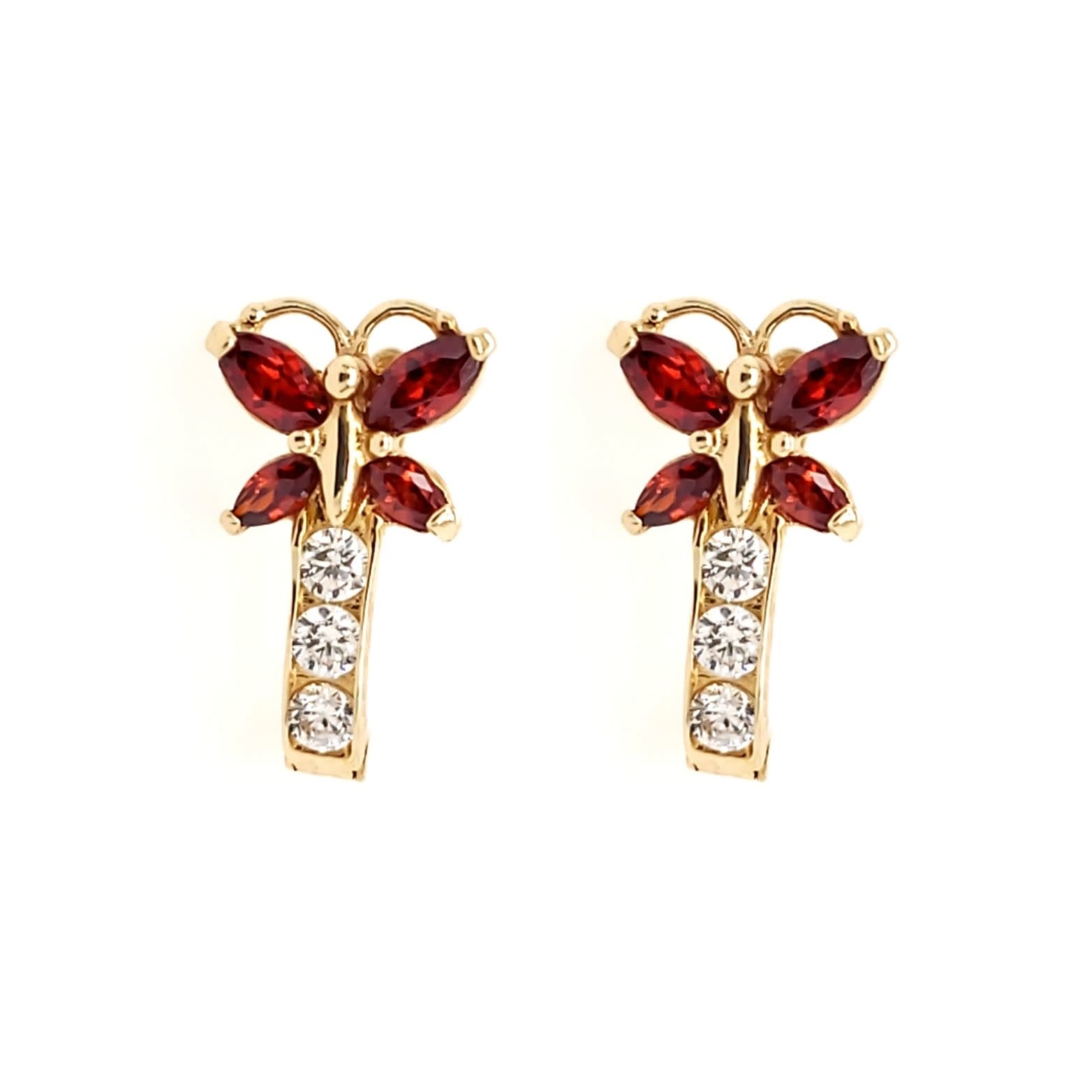 30341 14K YELLOW GOLD RED CUBIC ZIRCONIA BUTTERFLY LEVERBACK HUGGIES