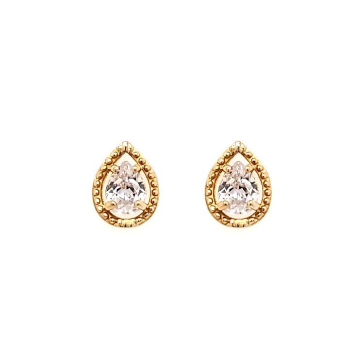 30336 14K YELLOW GOLD PEAR SHAPE WHITE CUBIC ZIRCONIA MILIGRAIN HALO SCREWBACKS
