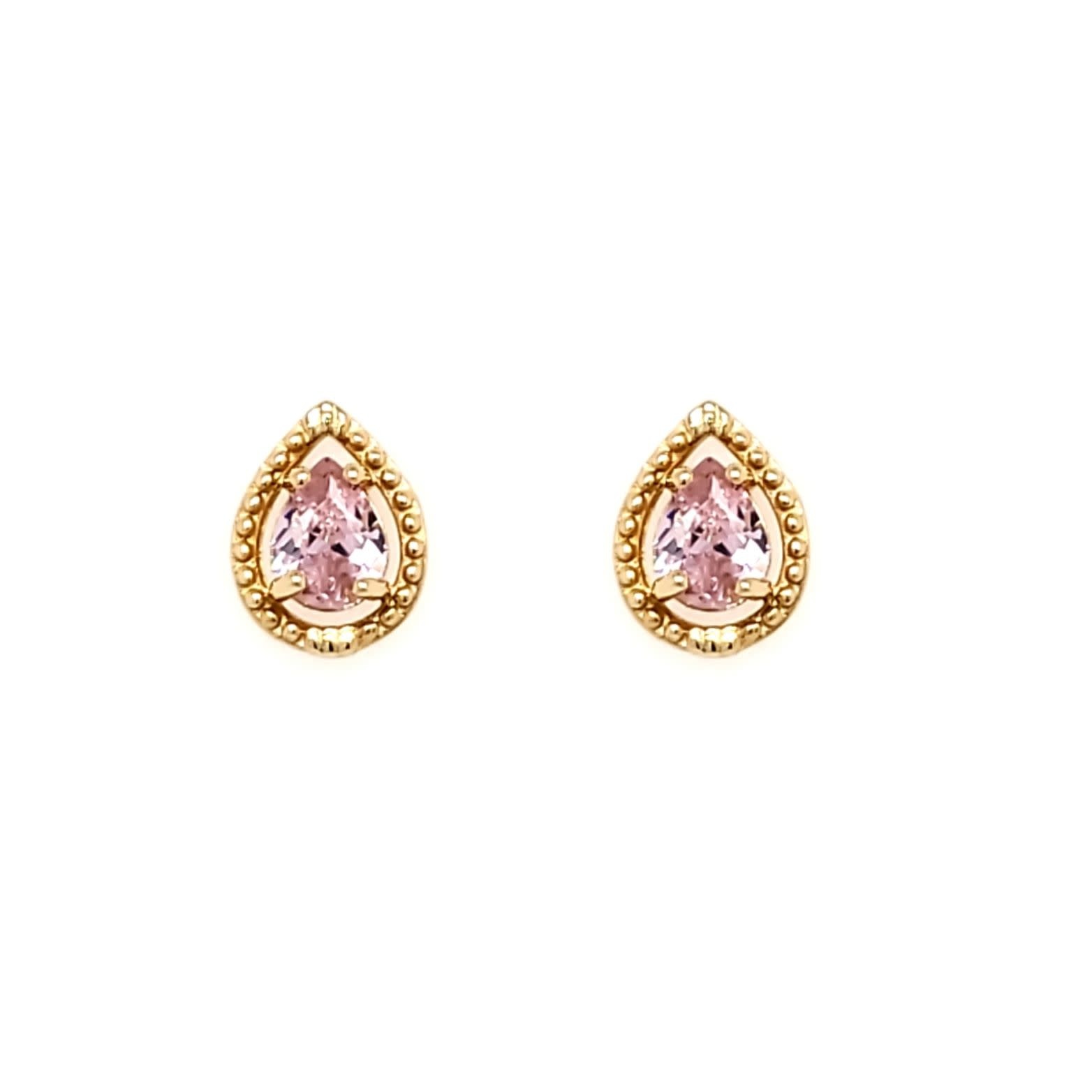 30335 14K YELLOW GOLD PEAR SHAPE PINK CUBIC ZIRCONIA MILIGRAIN HALO SCREW BACKS STUDS