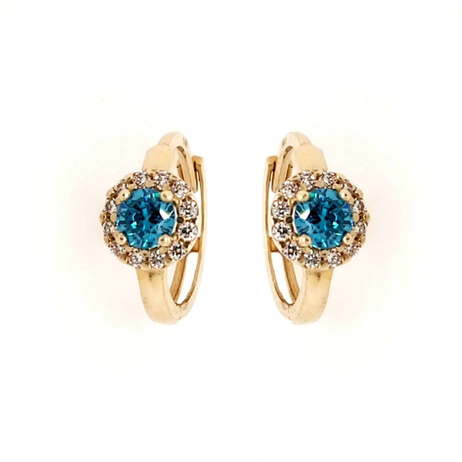 30006 14K YELLOW GOLD ROUND BLUE TOPAZ CUBIC ZIRCONIA HALO HUGGIES