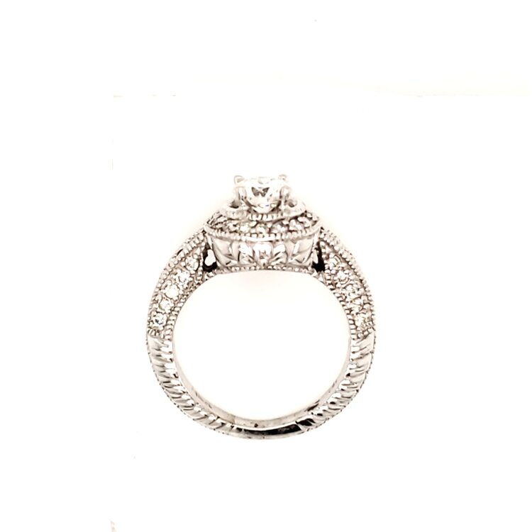 475330 14K WHITE GOLD .55TCW ROUND CENTER H VS2 .35TCW HALO MILGRAIN ANTIQUE DESIGN ENGAGEMENT RING