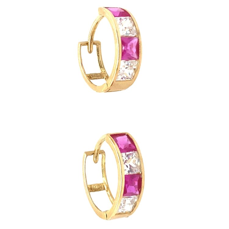 30338 14K YELLOW GOLD CUBIC ZIRCONIA & RUBY PRINCESS CUT HUGGIES
