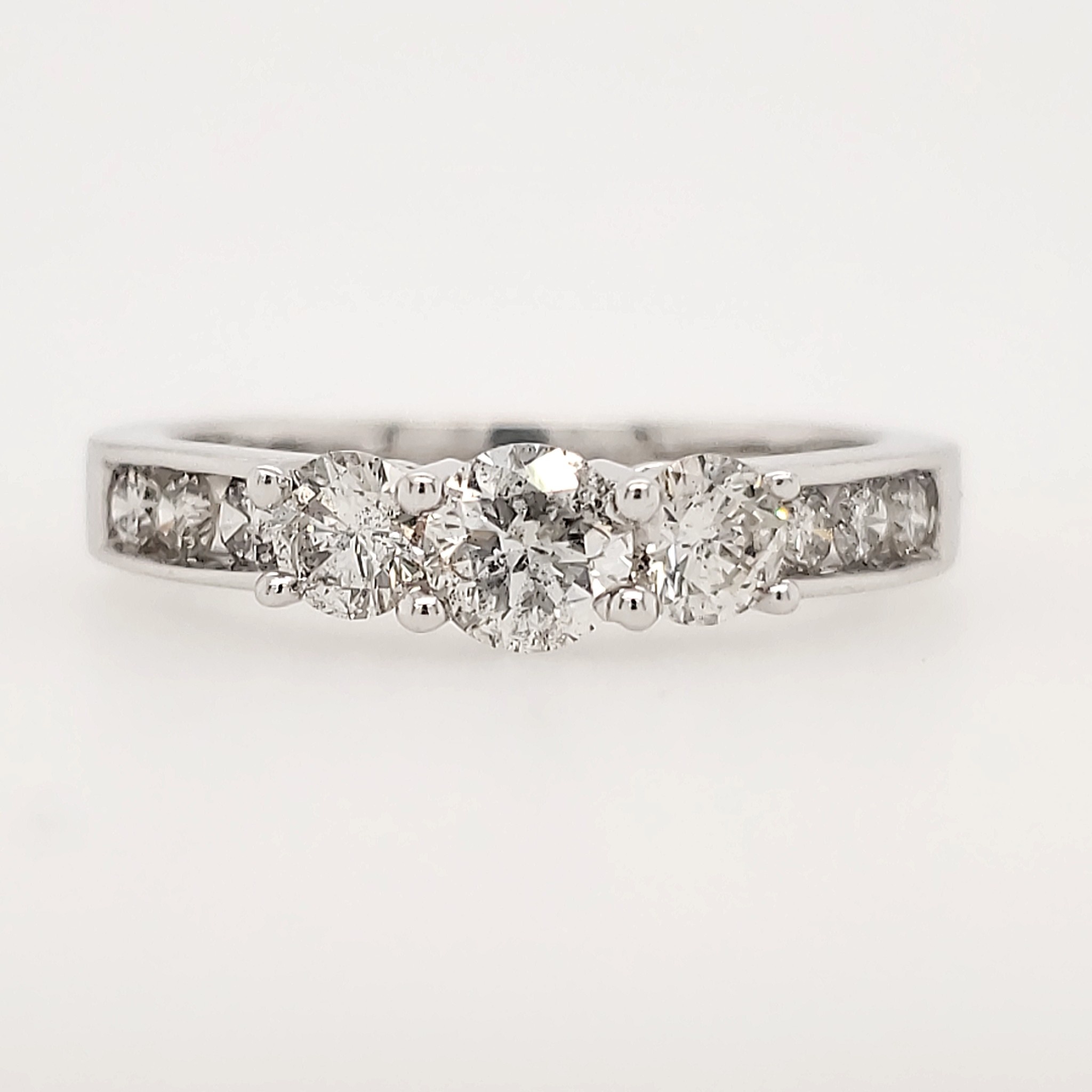 47629 14K WHITE GOLD 1CT ROUND DIAMOND PAST PRESENT FUTURE DESIGN WITH CHANNEL SET SHANK ENGAGEMENT RING