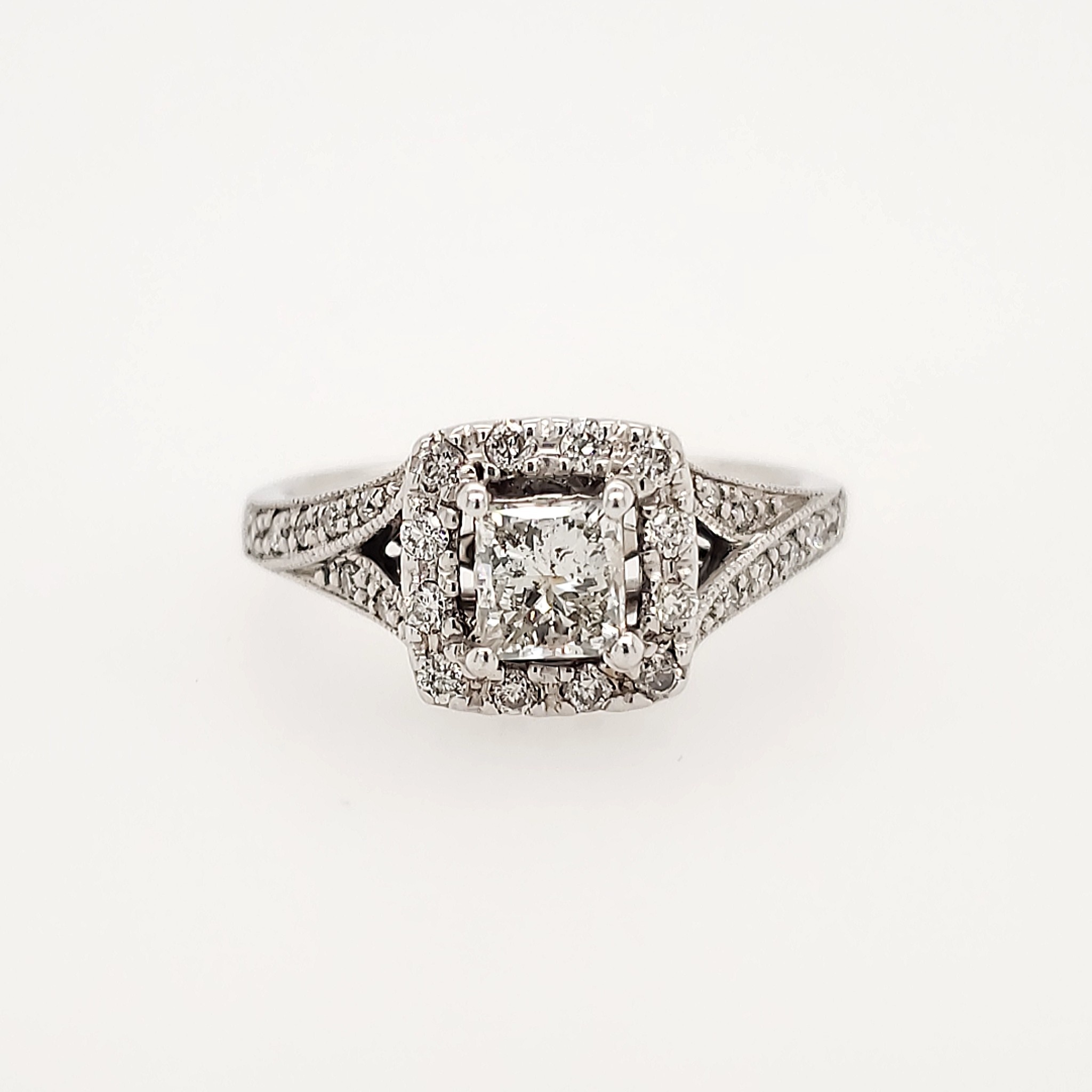4756603 14K WHITE GOLD .58TCW DIAMOND PRINCESS CUT CENTER .30TCW HALO AND MILGRAIN SPLIT SHANK ENGAGEMENT RING