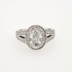 477648 14K WHITE GOLD 0.92 CT OVAL DIAMOND CENTER WITH MILGRAIN BEADED HALO AND SPLIT SHANK ENGAGEMENT RING