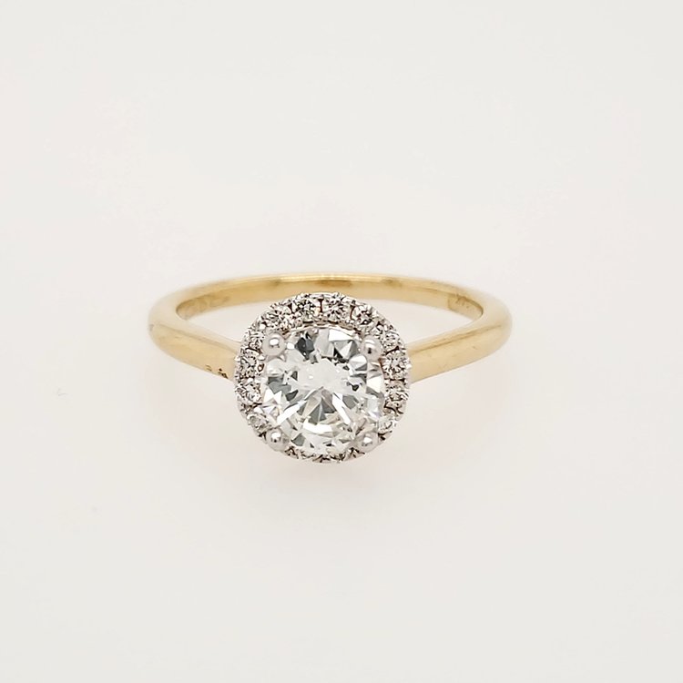 45052 14K YELLOW GOLD .88TCW H SI1 ROUND  DIAMOND CENTER WITH HALO ENGAGEMENT RING