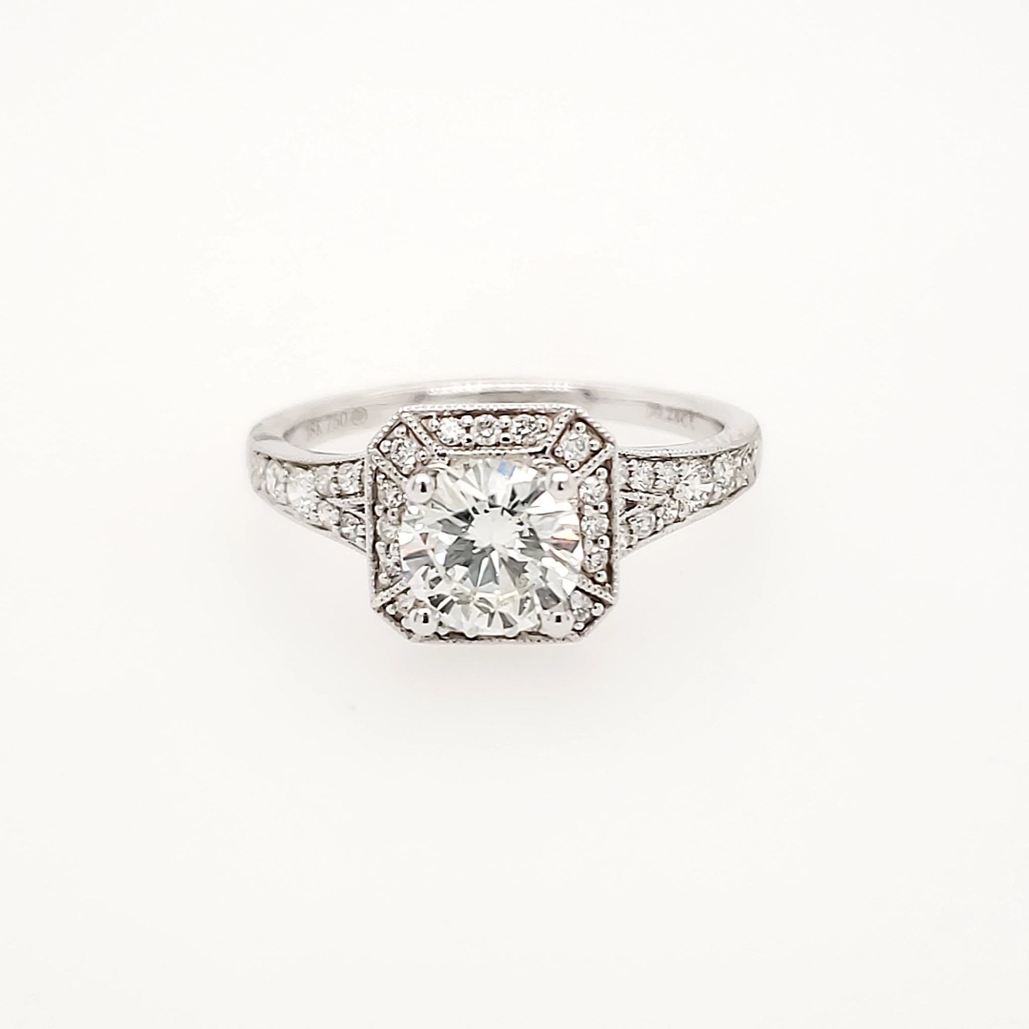 477687 18K WHITE GOLD 1.18CT I SI1 ROUND DIAMOND CENTER ART DECO STYLE ENGAGEMENT RING