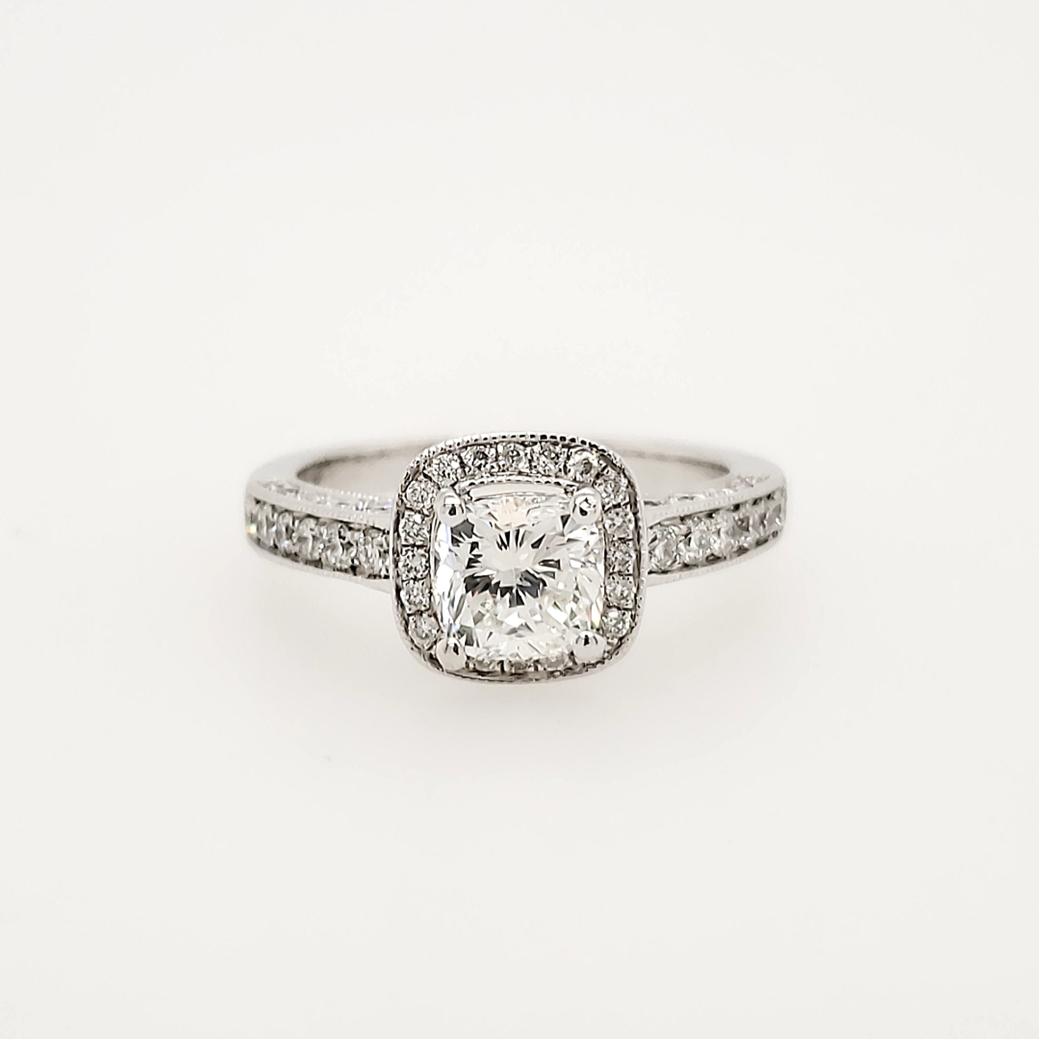 475440 14K WHITE GOLD 1 CT H SI1 CUSHION CUT CENTER DIAMOND WITH .76TCW MILGRAIN HALO AND SHANK ENGAGEMENT RING
