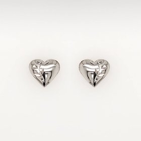 38131 14K WHITE GOLD DIAMOND CUT FLAT PUFFY HEART KIDS STUDS